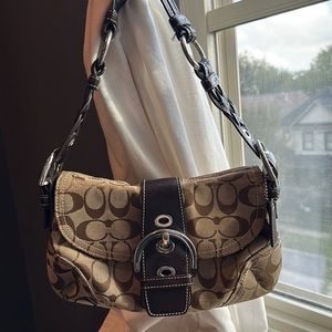 Classic brown leather and fabric Coach purse
